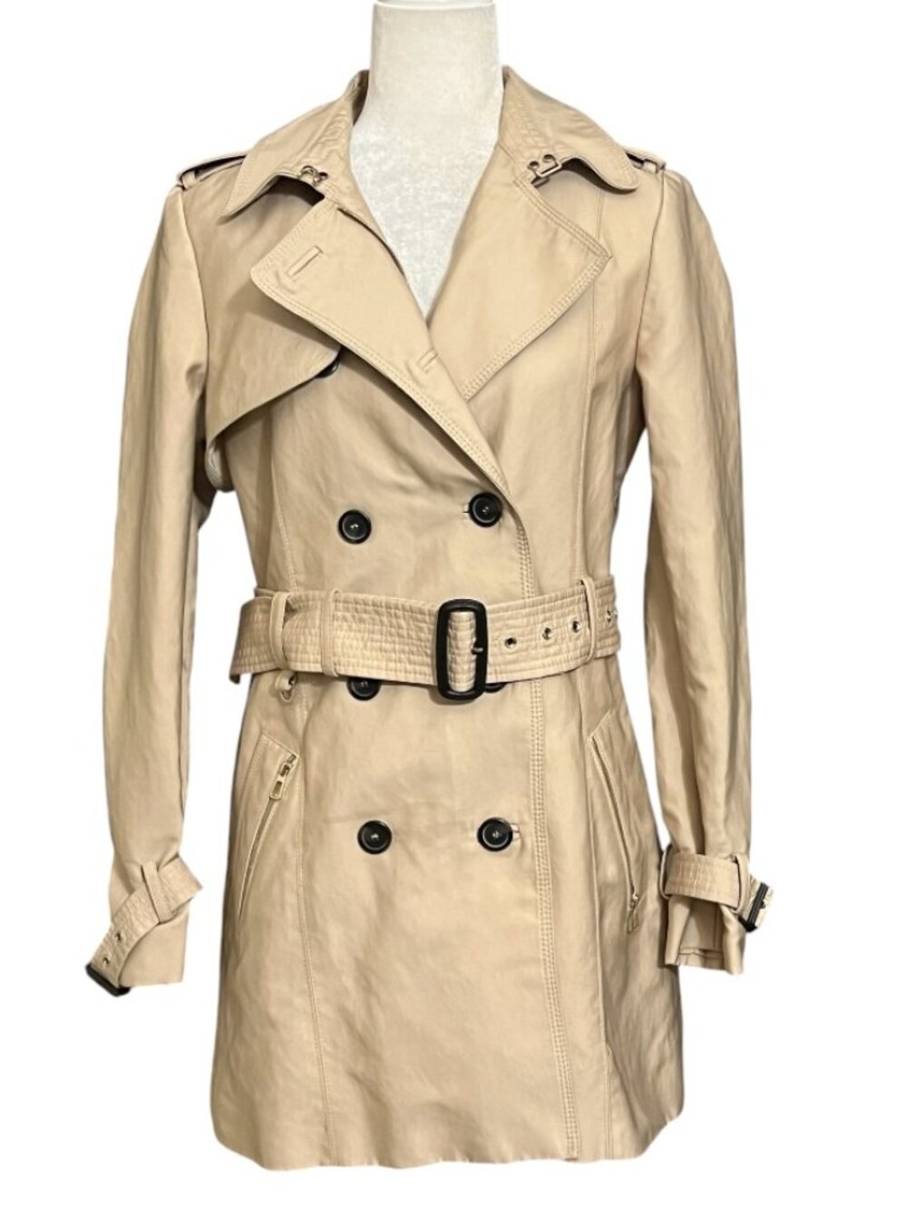 ZARA WOMAN Trench Coat Womens M Beige Belted Double Breasted Jacket Khaki - Picture 2 of 13
